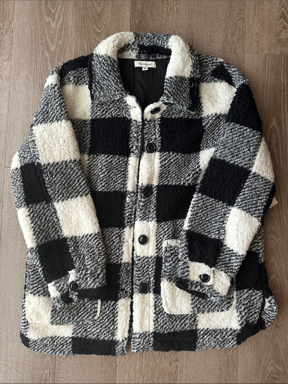 Francesca's Collections Black & White Plaid Sherpa Pea Coat